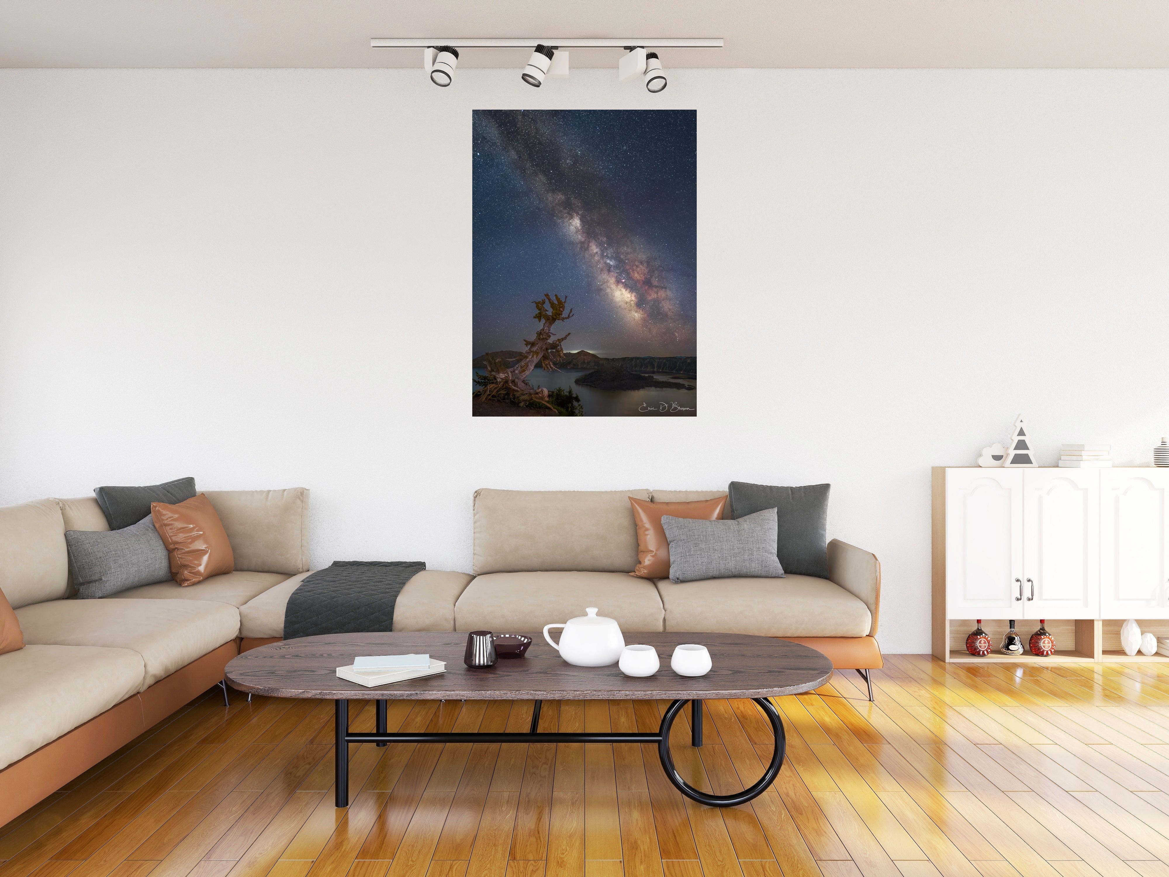 Room visualization showing Timekeepers of the Cascades: Crater Lake Under Starlight hanging on a wall in a modern living room setting