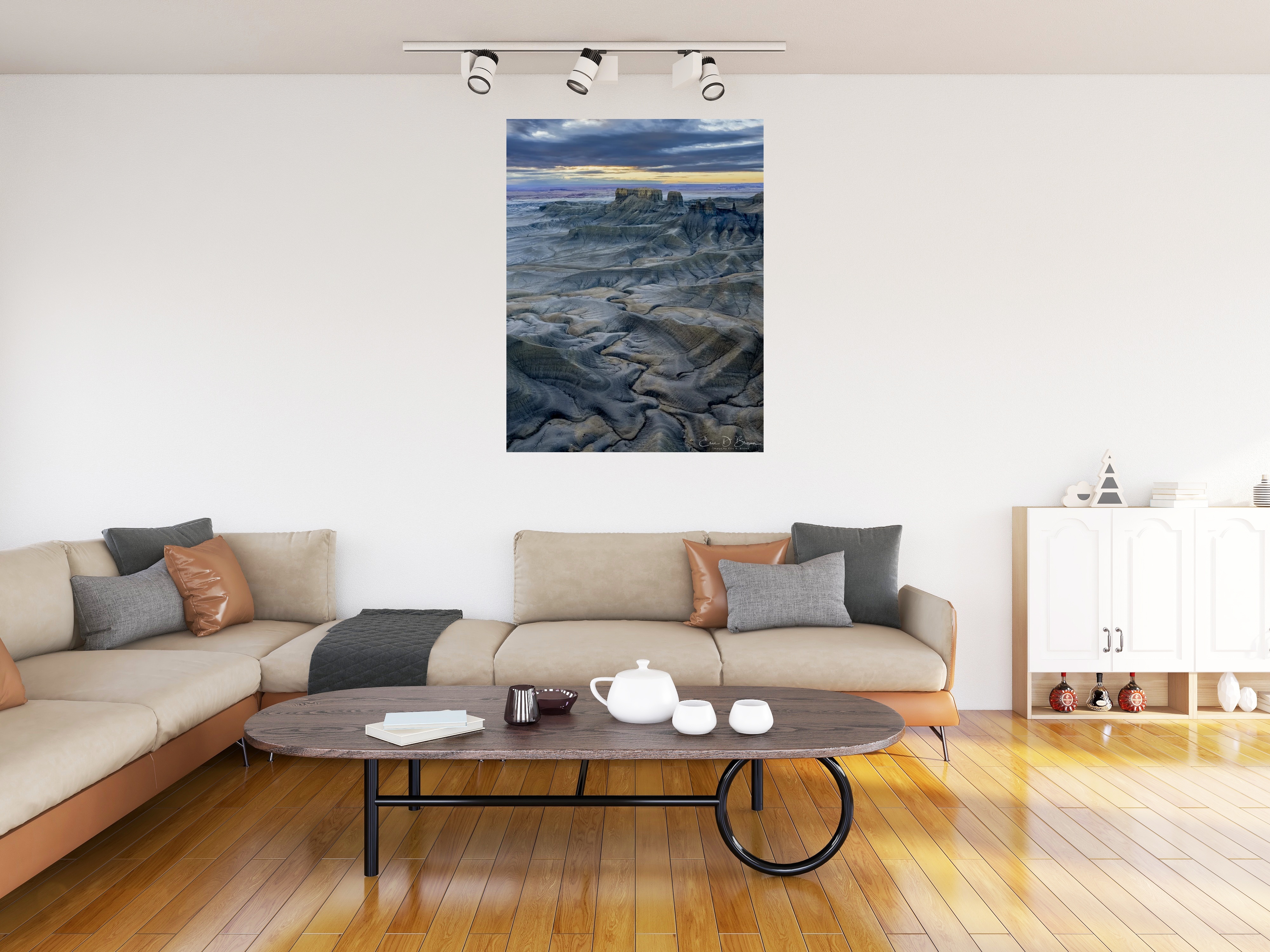 Room visualization showing Lunar Landscape: Twilight at Moon Overlook hanging on a wall in a modern living room setting