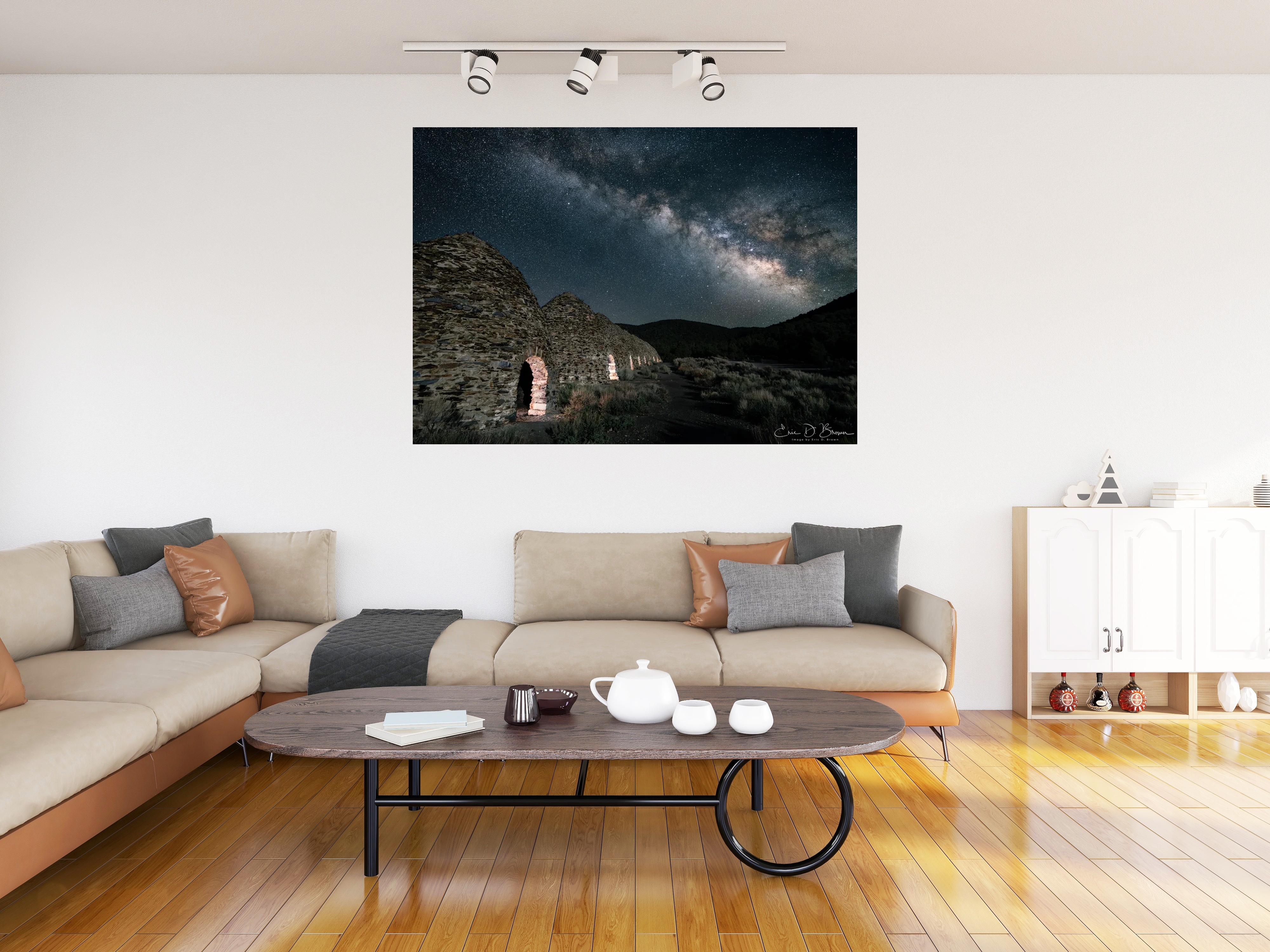 Room visualization showing Death Valley Charco Kilns hanging on a wall in a modern living room setting