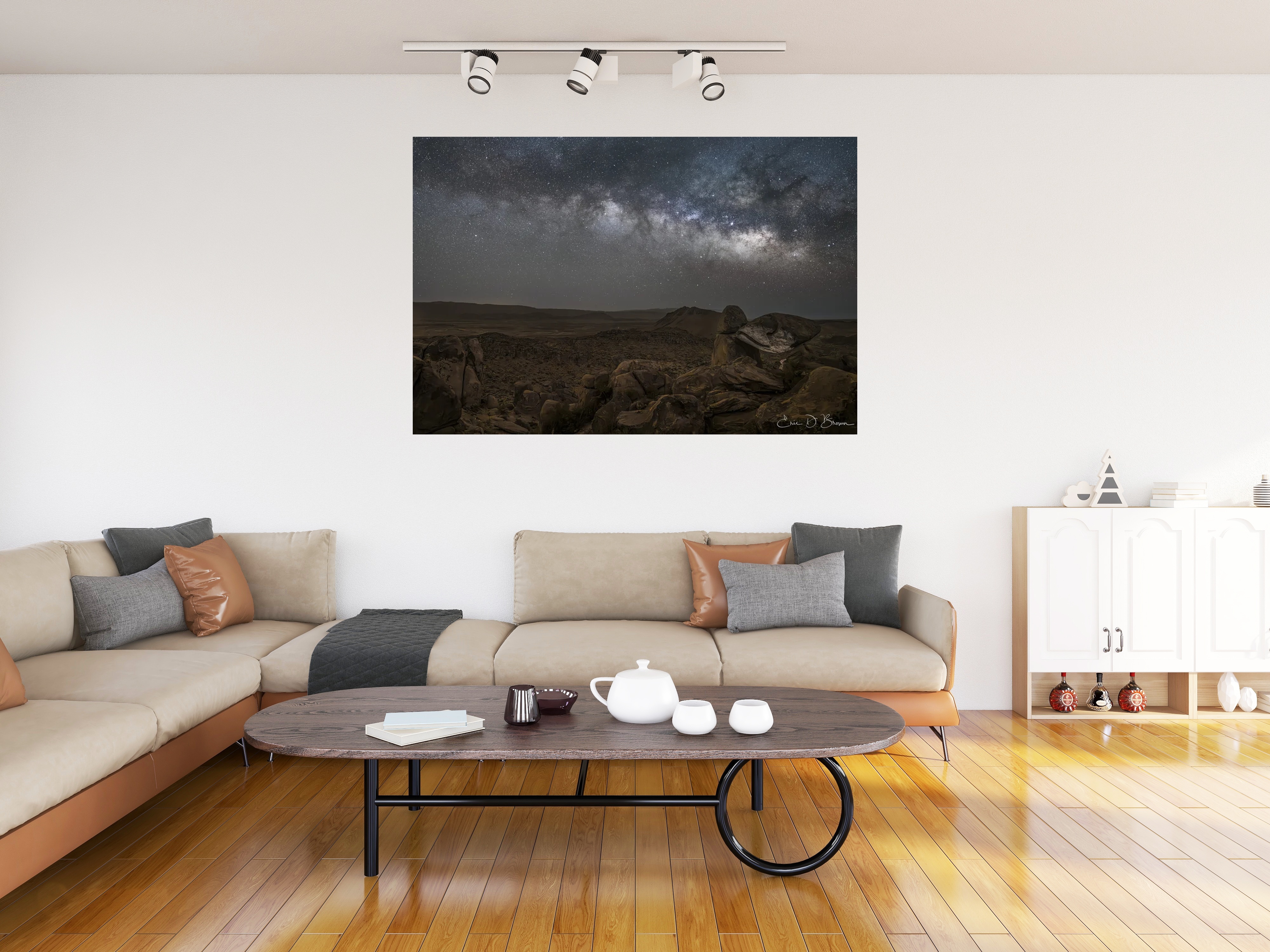 Room visualization showing Balanced Rock Under Starlit Skies hanging on a wall in a modern living room setting