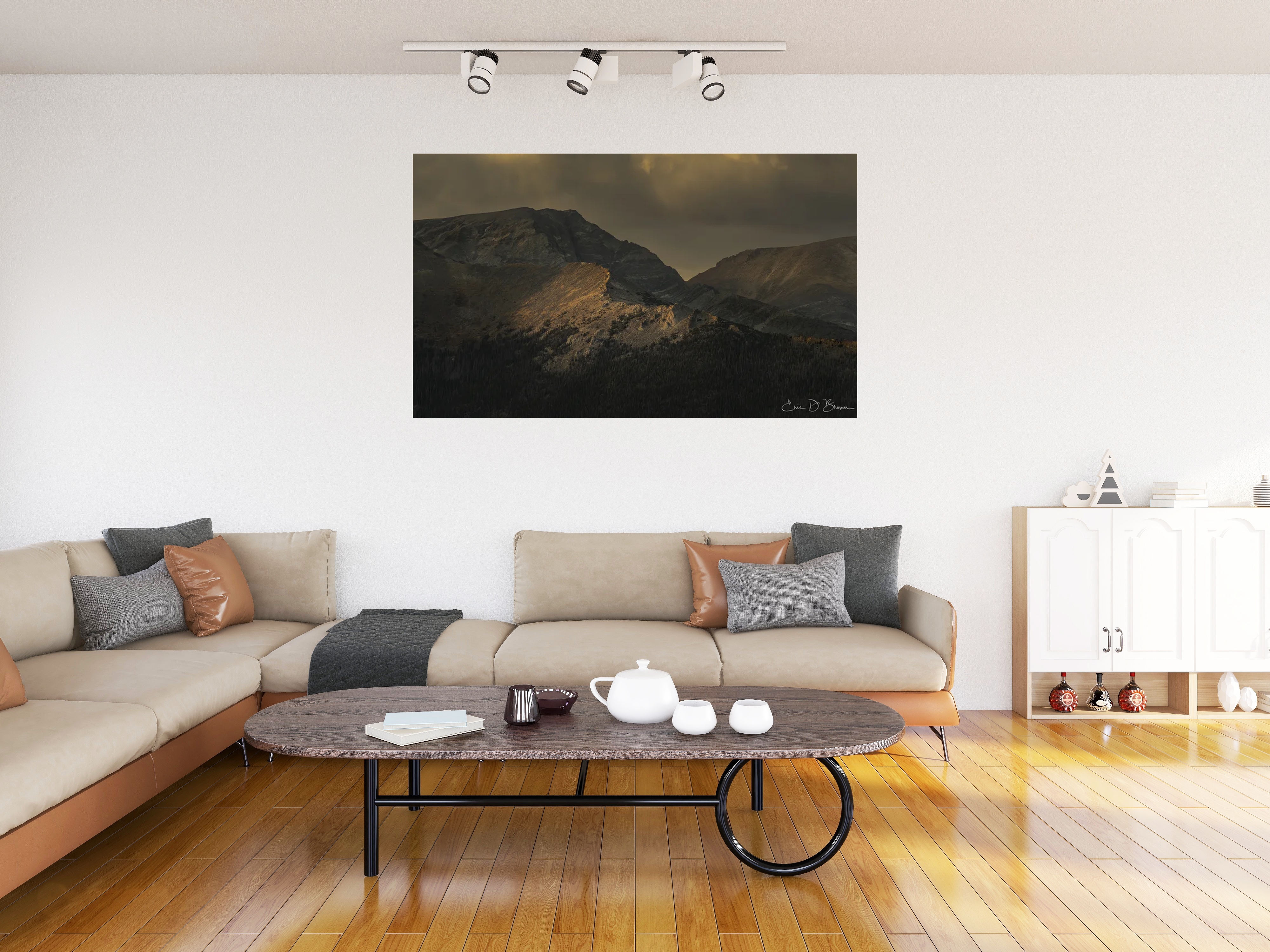 Room visualization showing Last Light on the Ridge hanging on a wall in a modern living room setting