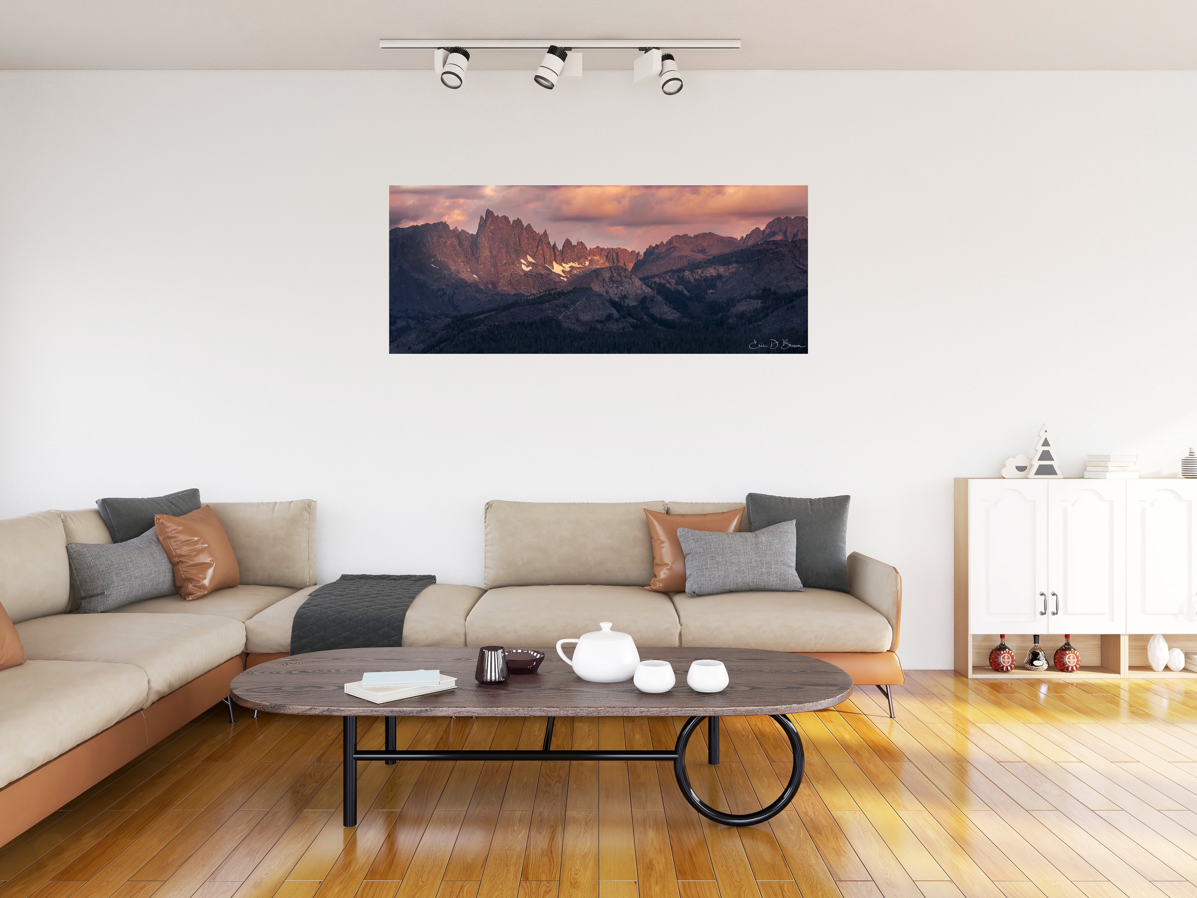 Room visualization showing The Minarets at Sunset hanging on a wall in a modern living room setting