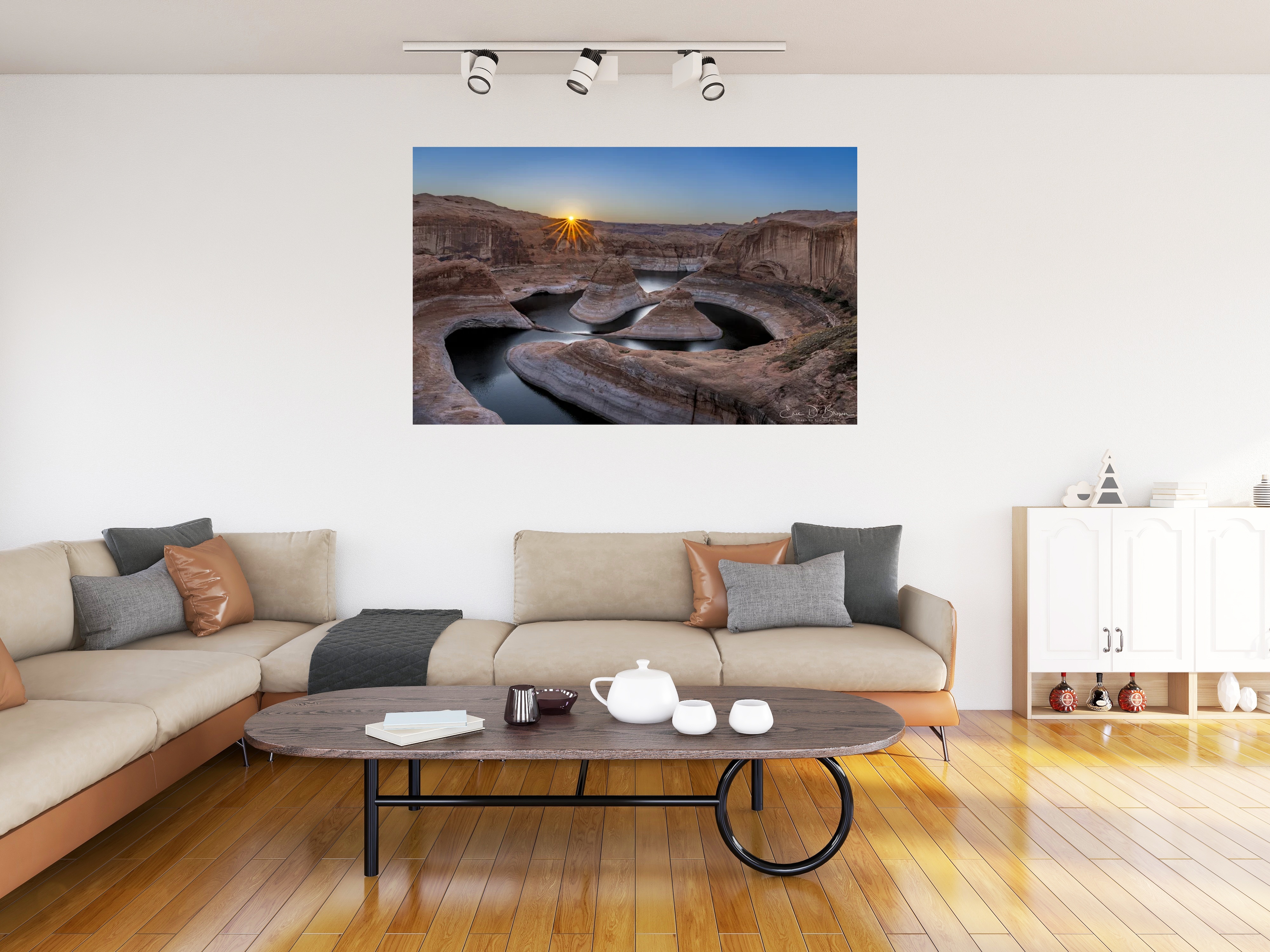 Room visualization showing Sunrise Over Reflection Canyon hanging on a wall in a modern living room setting