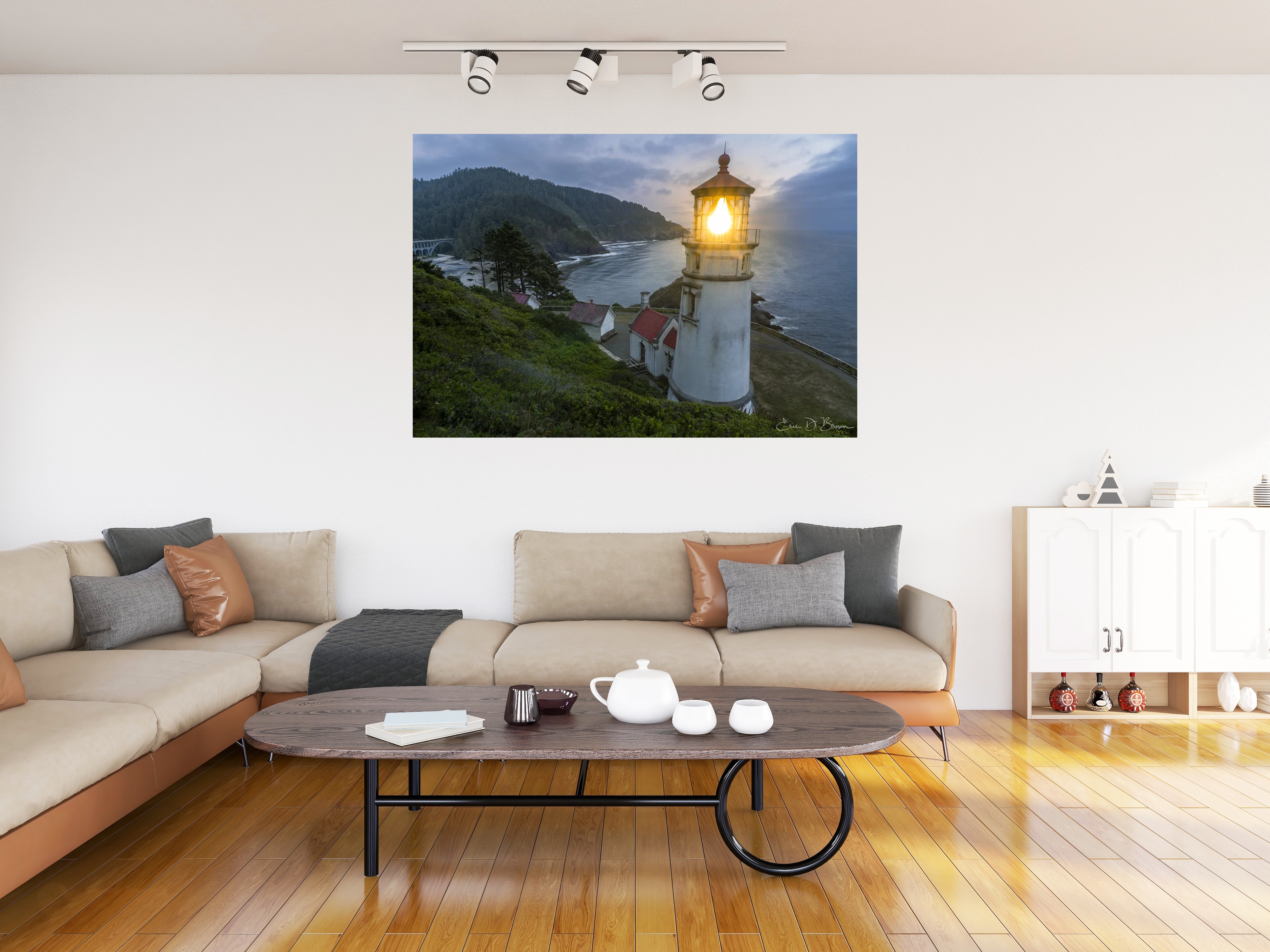 Room visualization showing Heceta Head Lighthouse at Dusk hanging on a wall in a modern living room setting