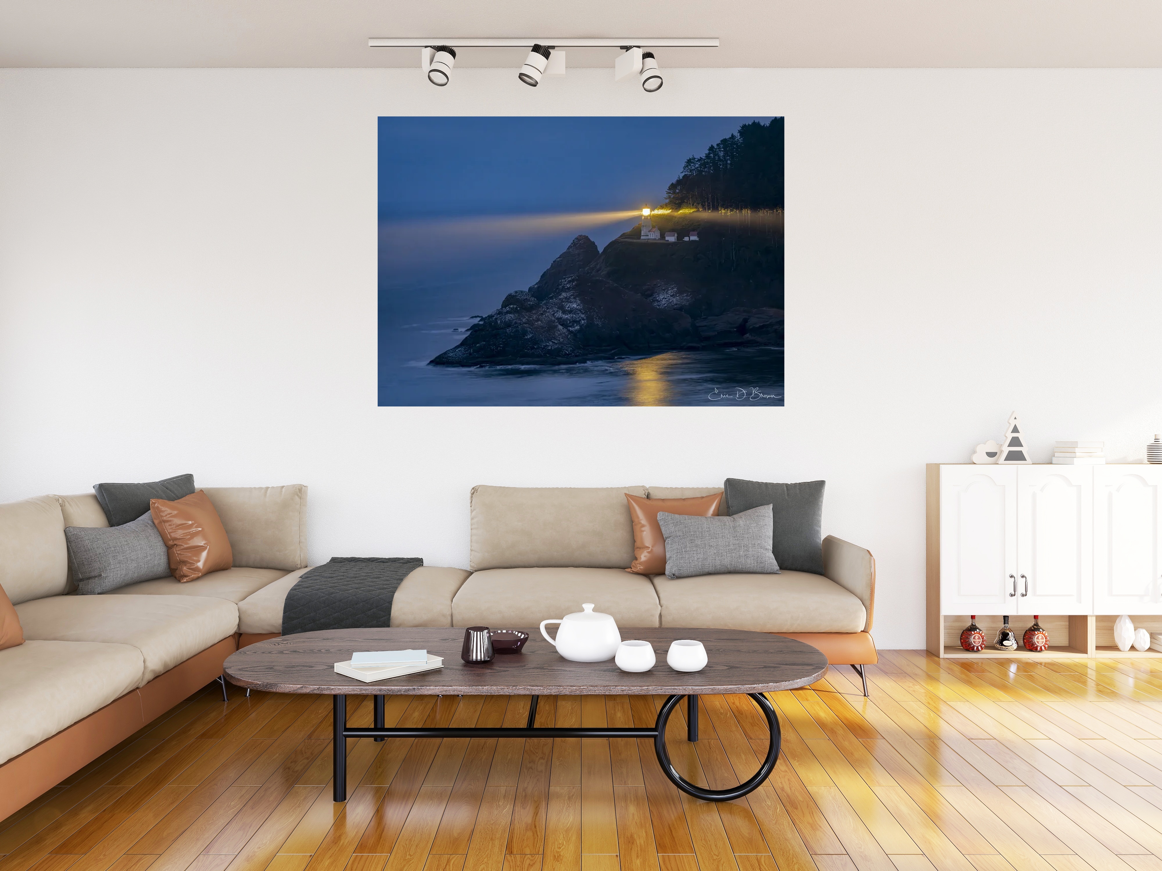 Room visualization showing Heceta Head Light Beam hanging on a wall in a modern living room setting