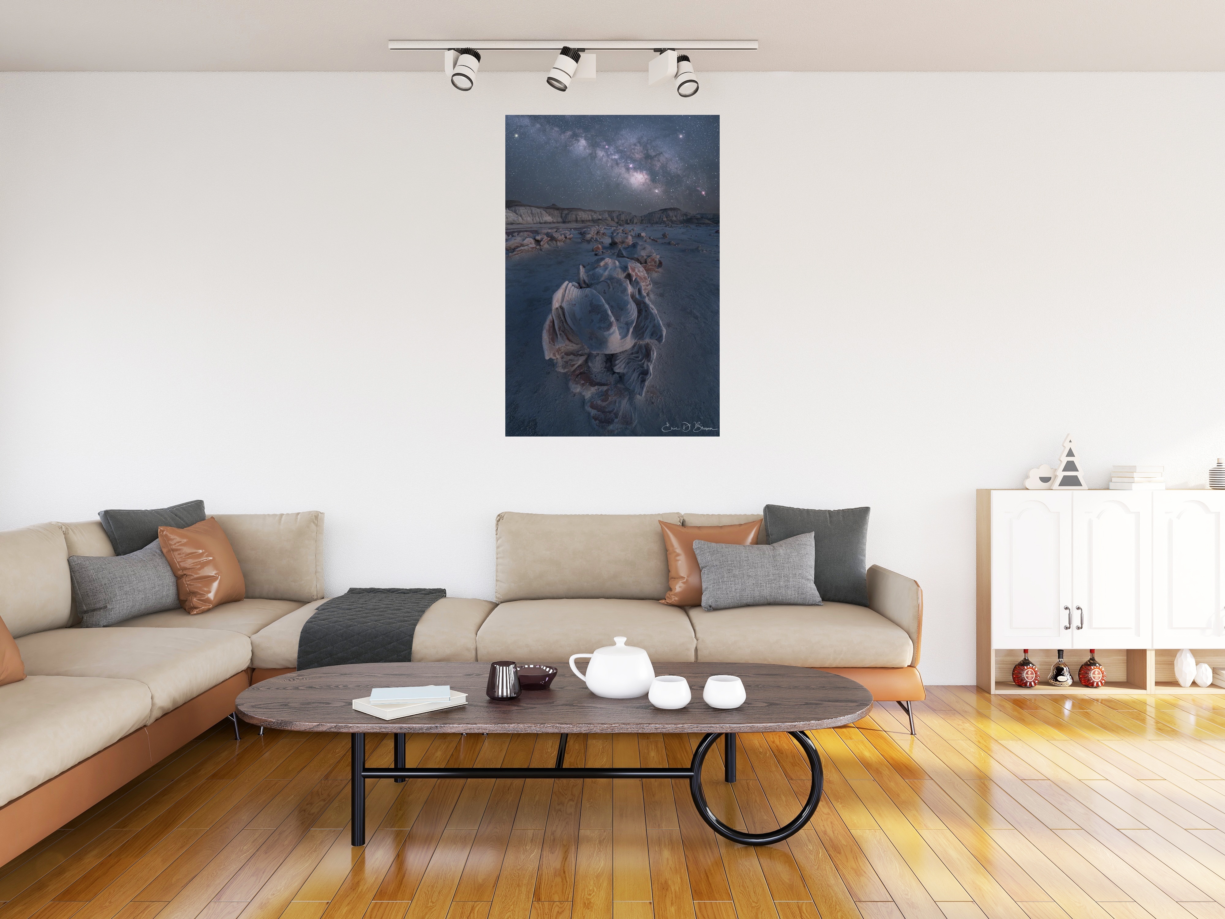 Room visualization showing Alien Eggs at Bisti Badlands, New Mexico hanging on a wall in a modern living room setting