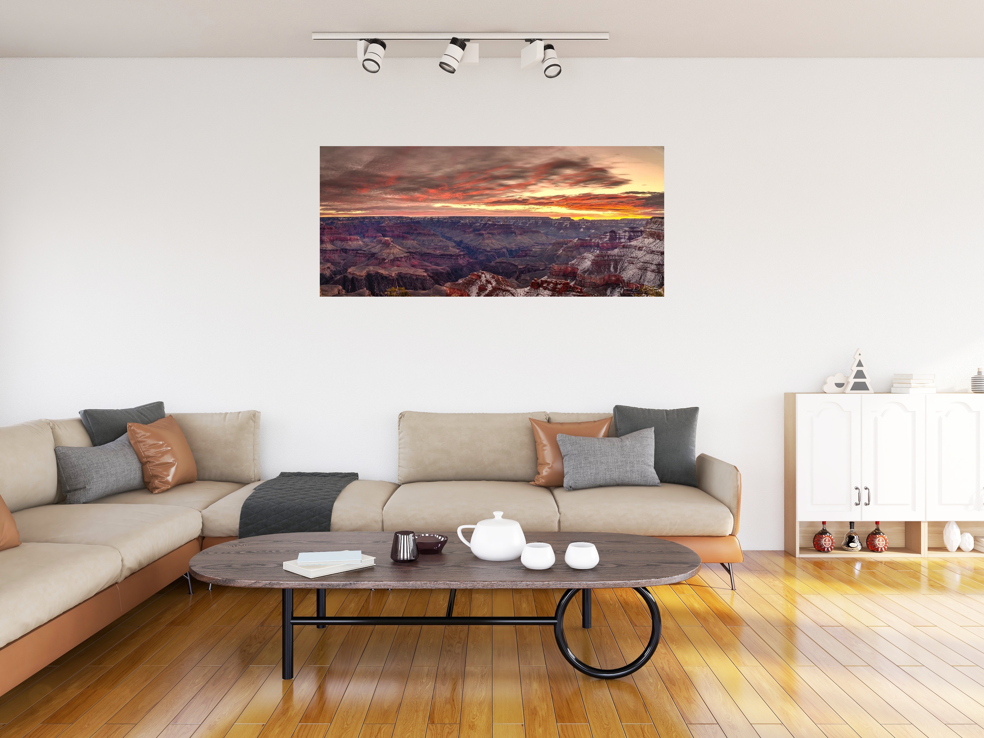Room visualization showing The Canyon in Winter hanging on a wall in a modern living room setting