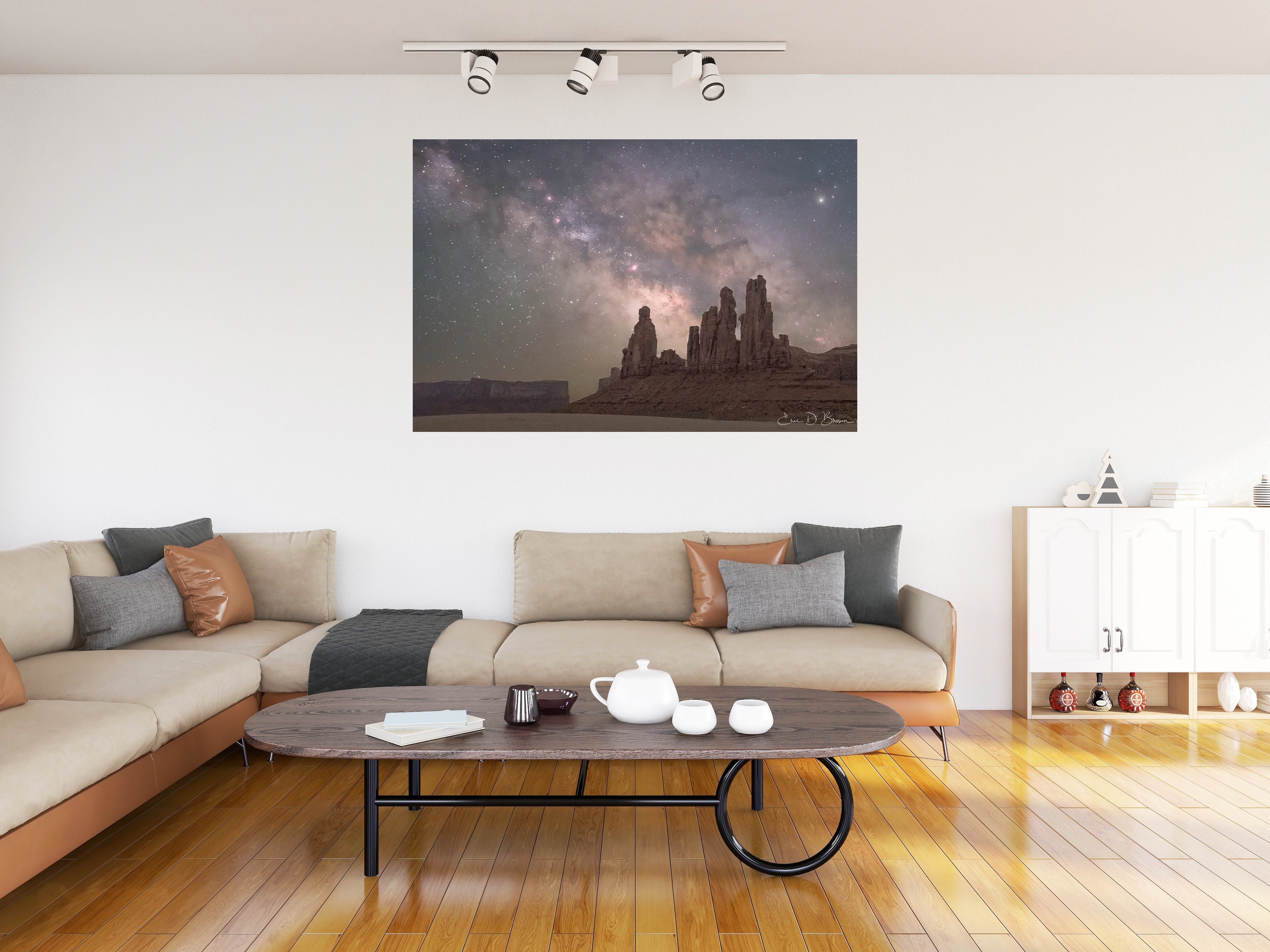 Room visualization showing The Totem Pole Under the Milky Way hanging on a wall in a modern living room setting