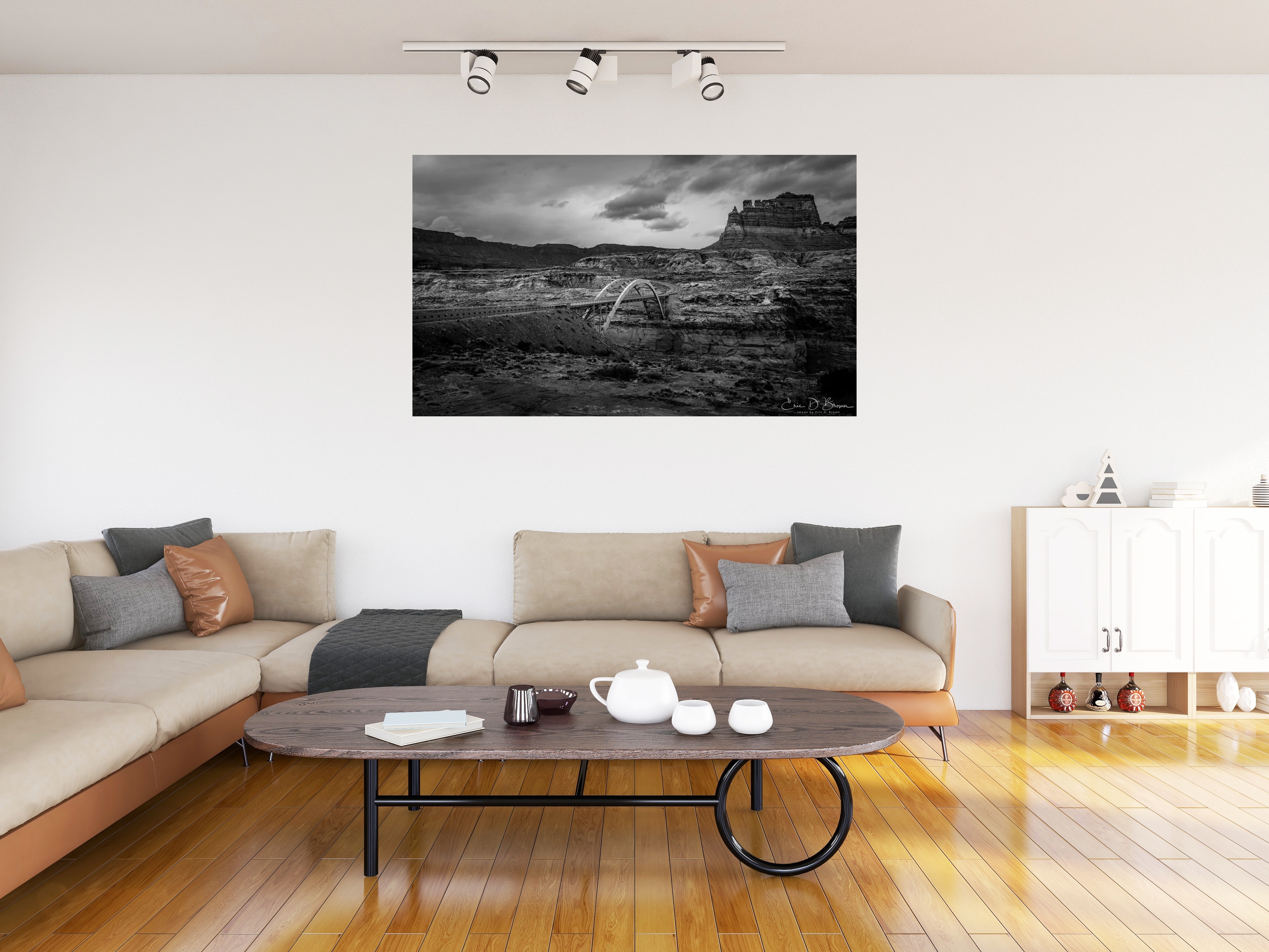 Room visualization showing A Storm Over the Colorado River hanging on a wall in a modern living room setting