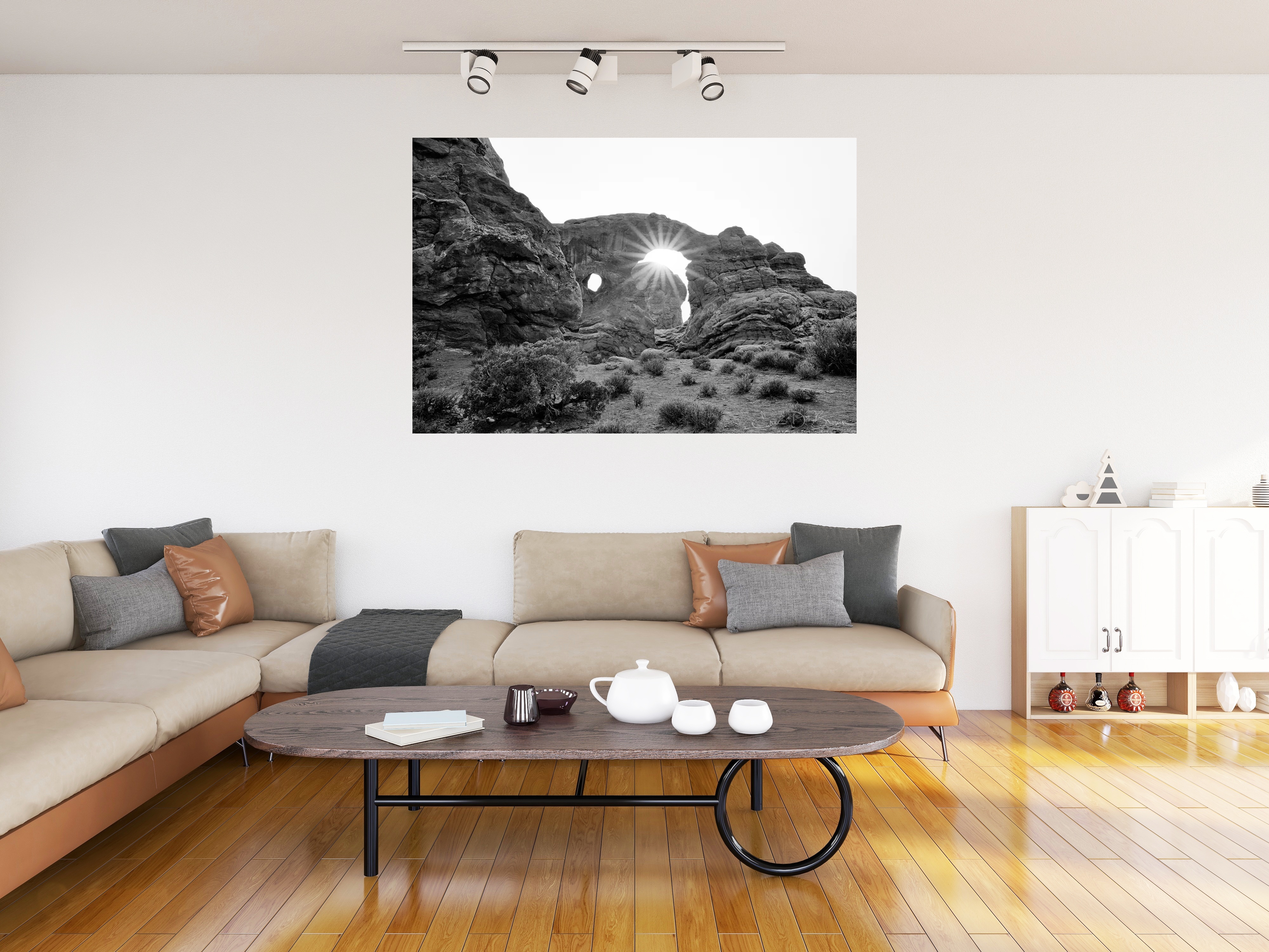 Room visualization showing Sunset Through Turret Arch hanging on a wall in a modern living room setting