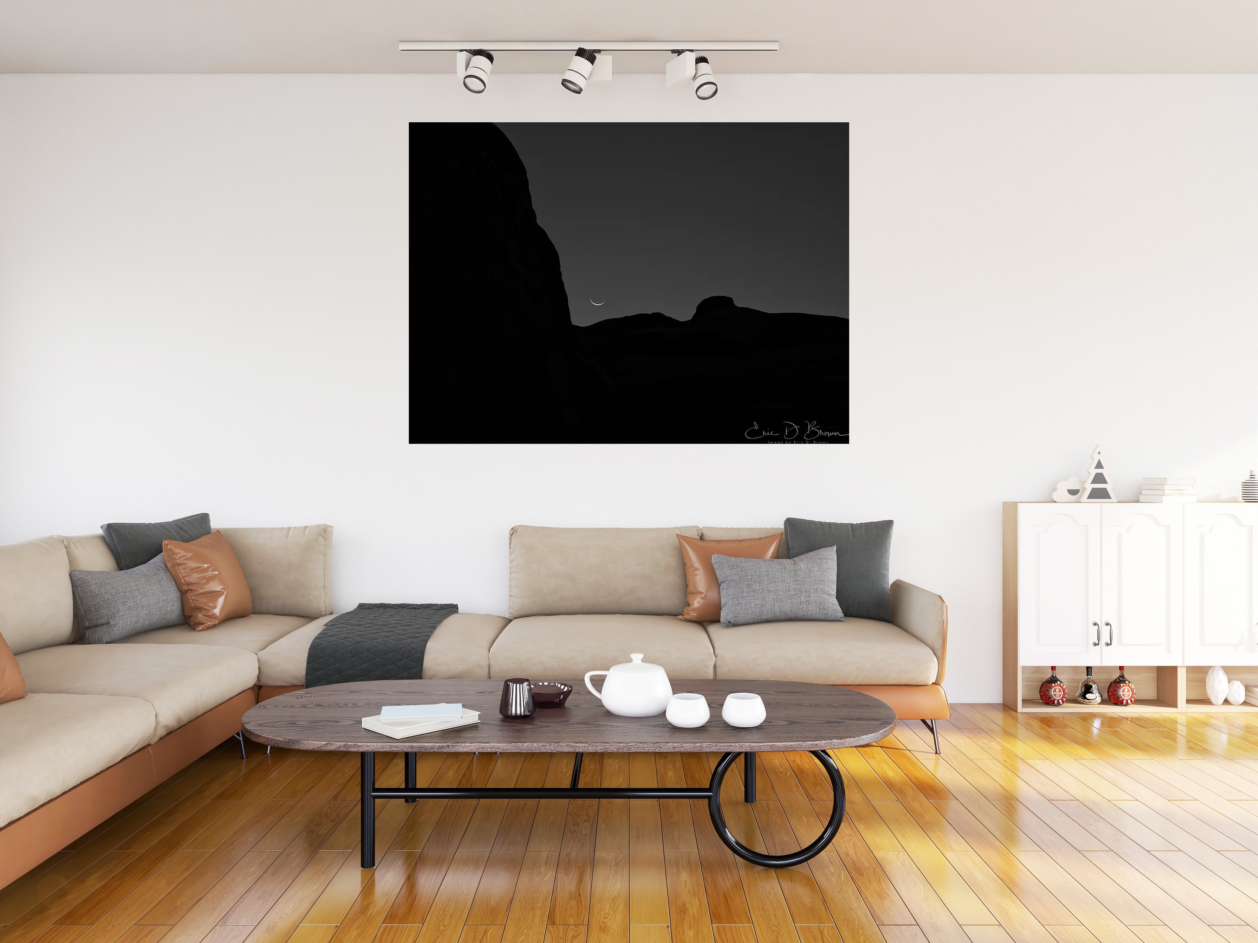 Room visualization showing Moon Over Park Avenue hanging on a wall in a modern living room setting