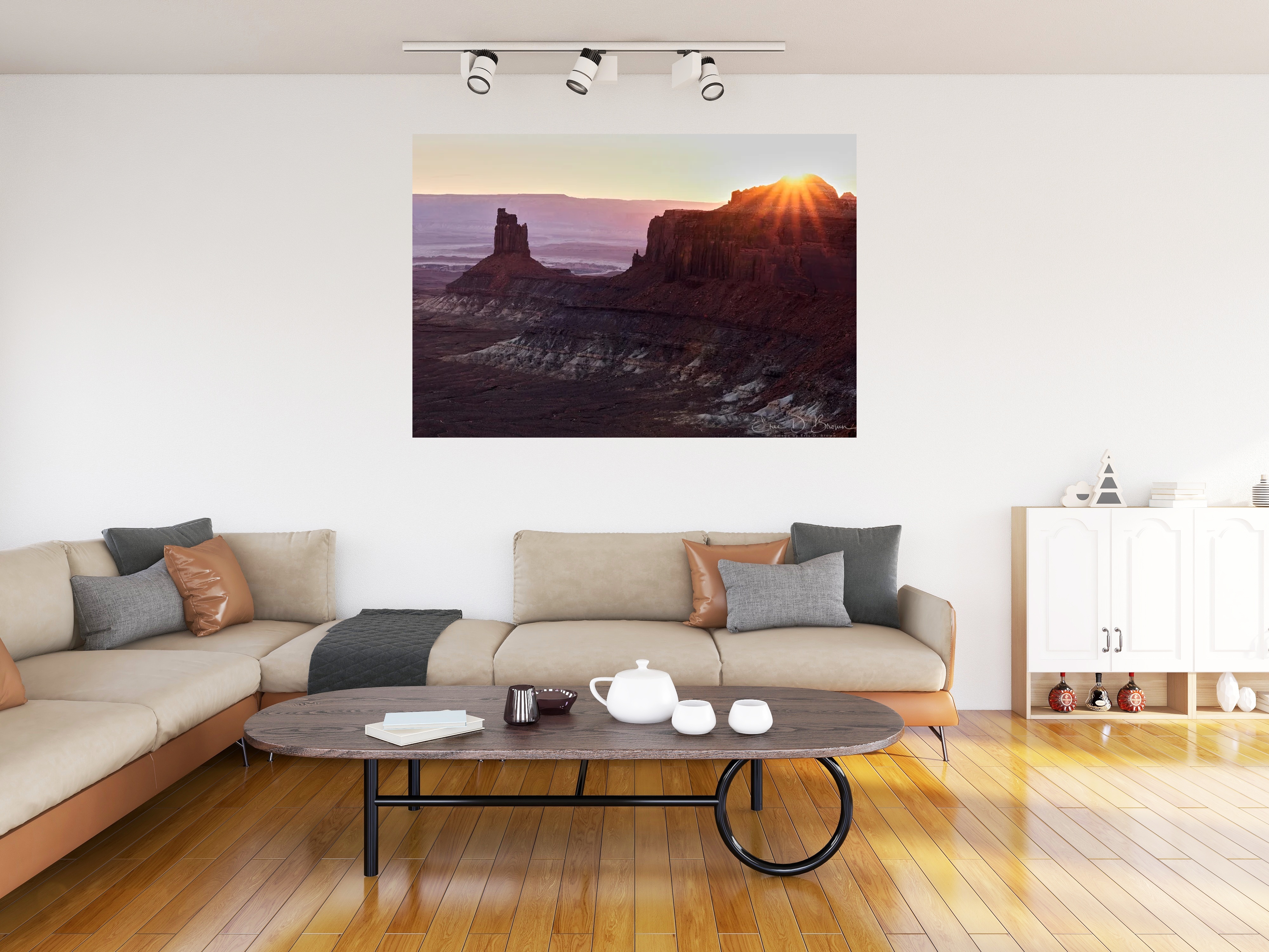 Room visualization showing Green River Overlook, Canyonlands hanging on a wall in a modern living room setting