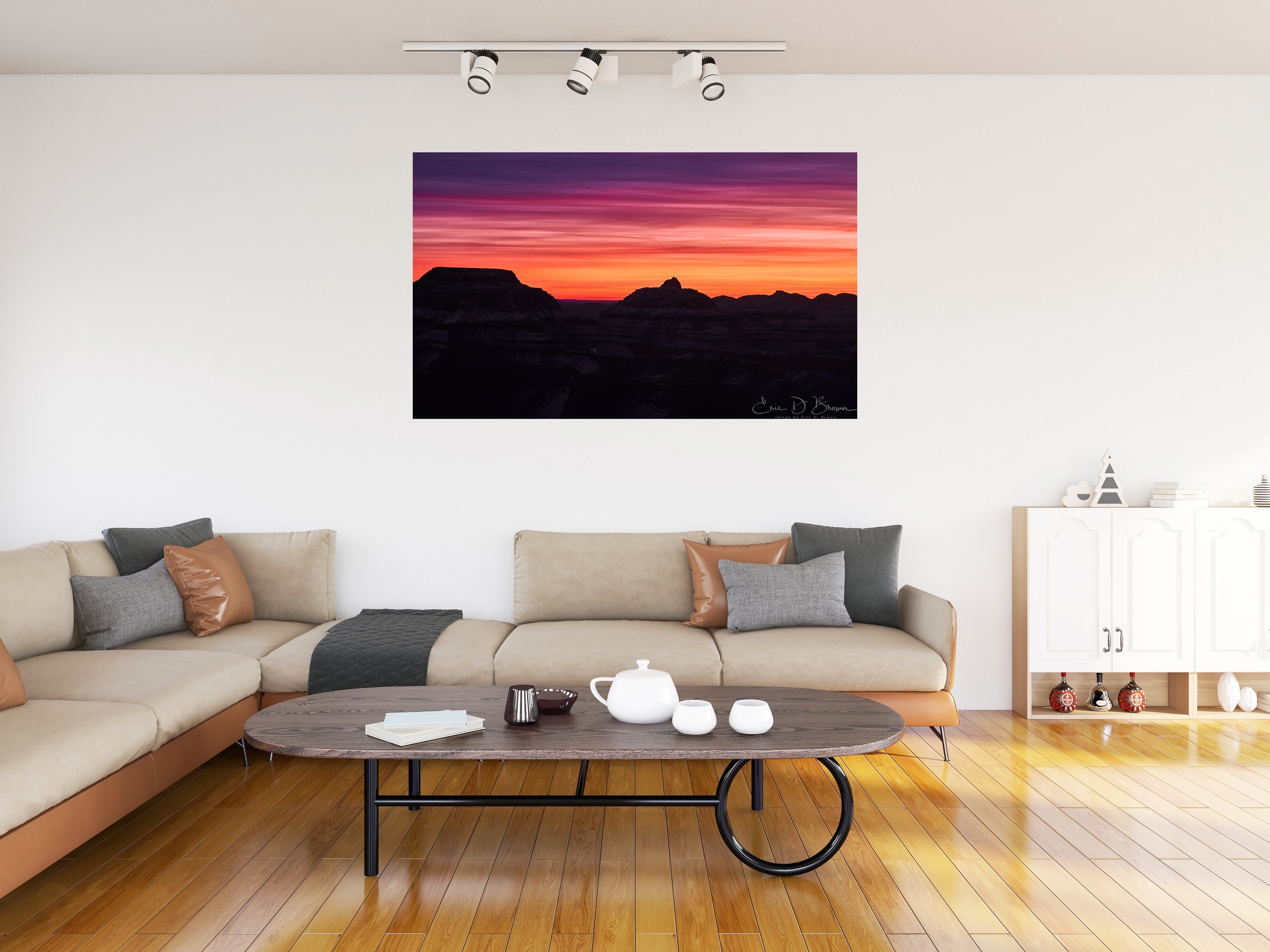 Room visualization showing Grand Canyon Sunrise hanging on a wall in a modern living room setting