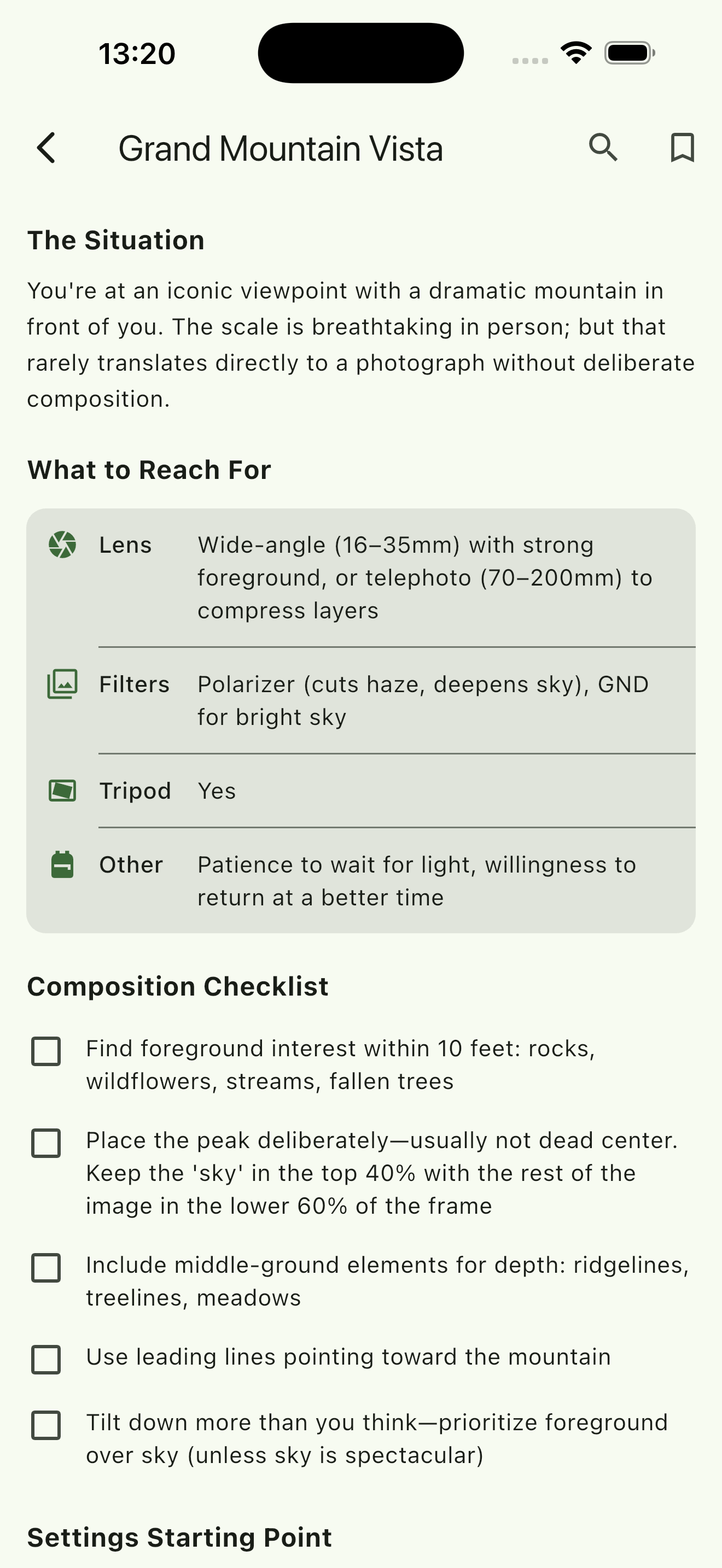 Field Book guide for Grand Mountain Vista showing gear recommendations and composition checklist
