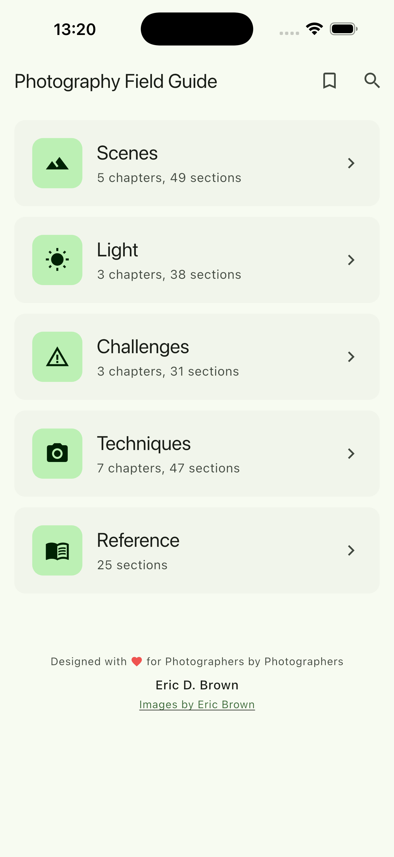 Field Book home screen showing main categories: Scenes, Light, Challenges, Techniques, and Reference